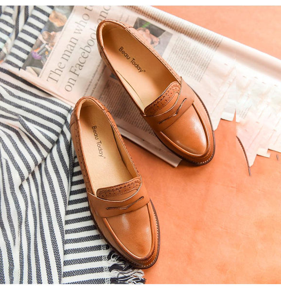 Women's Plus Size Sheepskin Leather Slip-on Pointed Toe Flats Penny Loafers - SolaceConnect.com