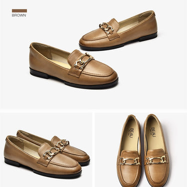 Women's Sheepskin Leather Round Toe Slip-on Metal Decor Sewing Loafers - SolaceConnect.com