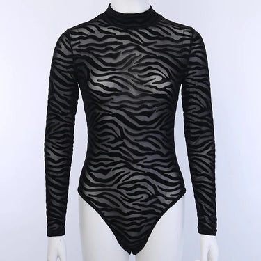 Women's Transparent Black Mesh Stripe Long Sleeves Skinny Bodysuit Rompers - SolaceConnect.com
