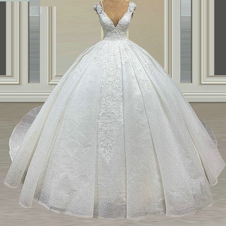 Women's V-neck Sleeveless Lace Appliques Beaded Bridal Ball Gown  -  GeraldBlack.com