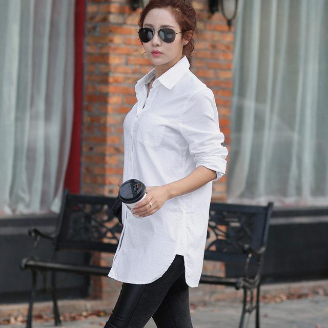 Women's White Long Sleeve Cotton Polyester Solid Long Shirt with Collar - SolaceConnect.com