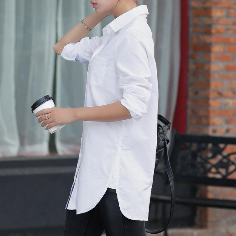 Women's White Long Sleeve Cotton Polyester Solid Long Shirt with Collar  -  GeraldBlack.com