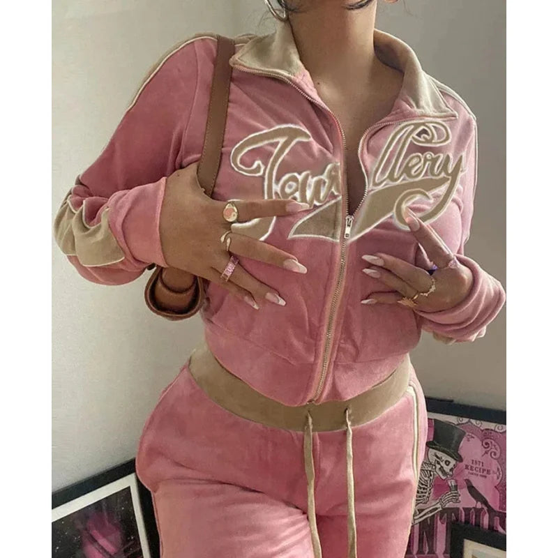 Women Tracksuit Embroidery Letter Velvet  Fitness Zip Sweatshirt Sporty Sweatpants Matching Activity Outfit  -  GeraldBlack.com
