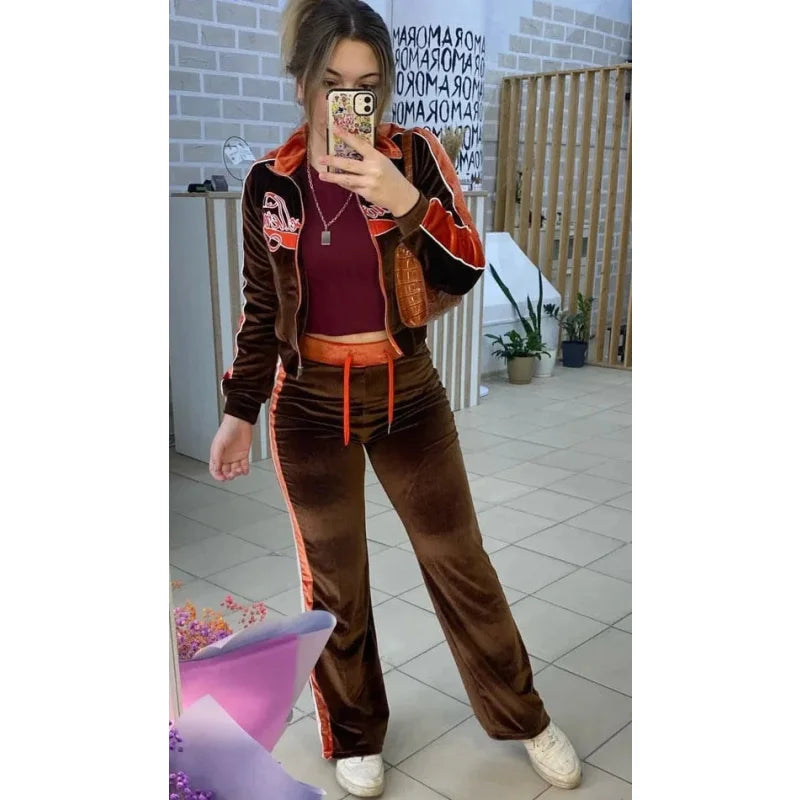 Women Tracksuit Embroidery Letter Velvet  Fitness Zip Sweatshirt Sporty Sweatpants Matching Activity Outfit  -  GeraldBlack.com