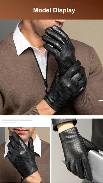 100% Geniune Sheepskin Leather Men's Driving Thin Breathable Touch Screen Mittens Gloves  -  GeraldBlack.com