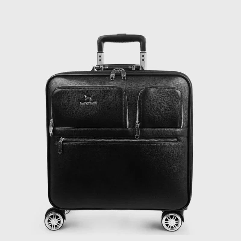 16" 20" Inch Real Leather Black Vintage Cabin Suitcase Retro Hand Luggage Trolly Bag On Wheels  -  GeraldBlack.com