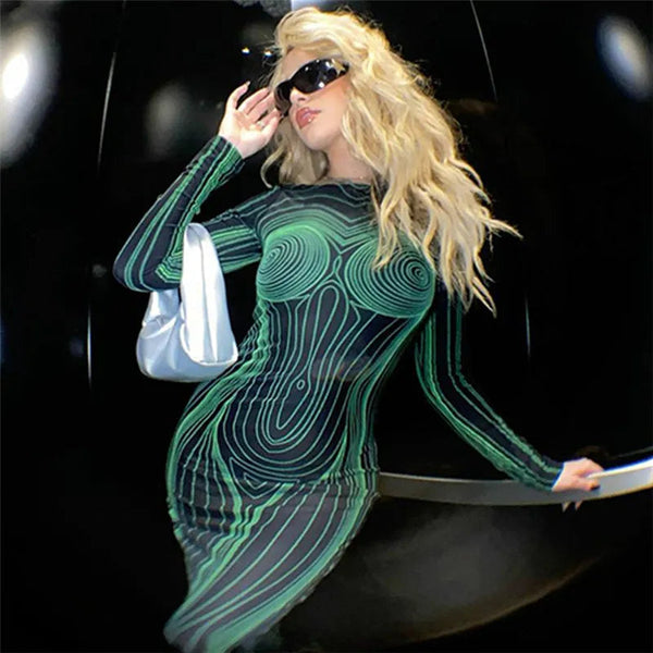 3D Body Print Sexy Women Y2k Streetwear Hollow Backless Long Sleeve Bodycon Maxi Dresses Club Outfit  -  GeraldBlack.com