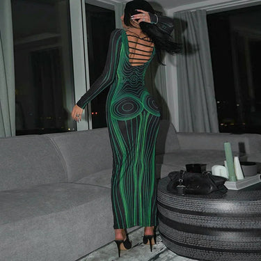3D Body Print Sexy Women Y2k Streetwear Hollow Backless Long Sleeve Bodycon Maxi Dresses Club Outfit  -  GeraldBlack.com