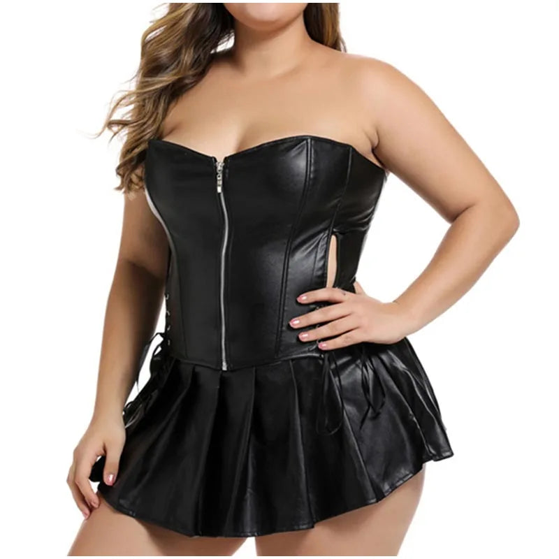 5XL Sexy Plus Size Leather Black Crop Top and Mini Skirts Lingerie Corset Bustier Top Steampunk  -  GeraldBlack.com