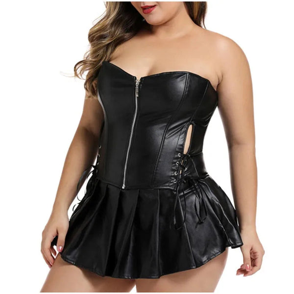 5XL Sexy Plus Size Leather Black Crop Top and Mini Skirts Lingerie Corset Bustier Top Steampunk  -  GeraldBlack.com