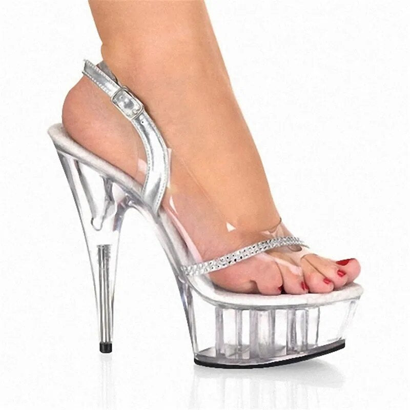 6 Inch High Heels Sexy Crystal Noble Diamond Chain Open Toe Full Transparent 15cm High-Heeled Pump Shoe  -  GeraldBlack.com