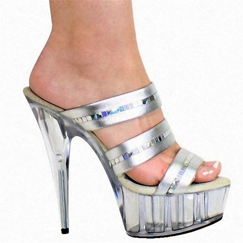 6 inch silver sheer high heel 15 cm high sexy banquet stage performance style pumps shoes  -  GeraldBlack.com