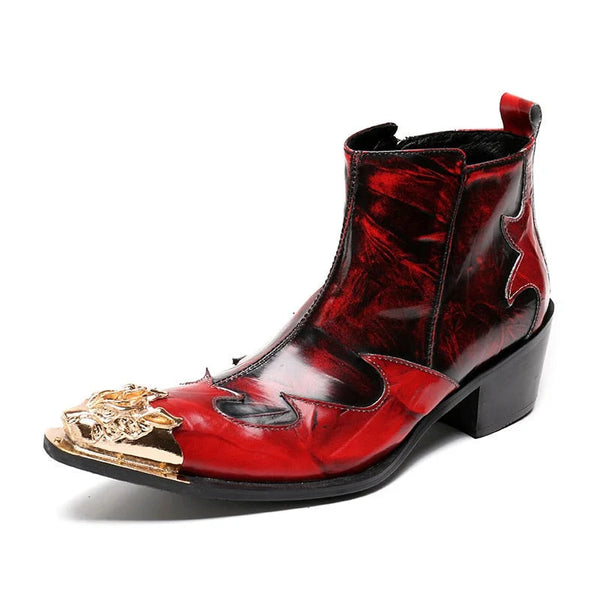 6CM Height Italian Style Men Rock Wine Red Golden Pointed Metal Toe Short Boots Nightclub Stage Shoes  -  GeraldBlack.com
