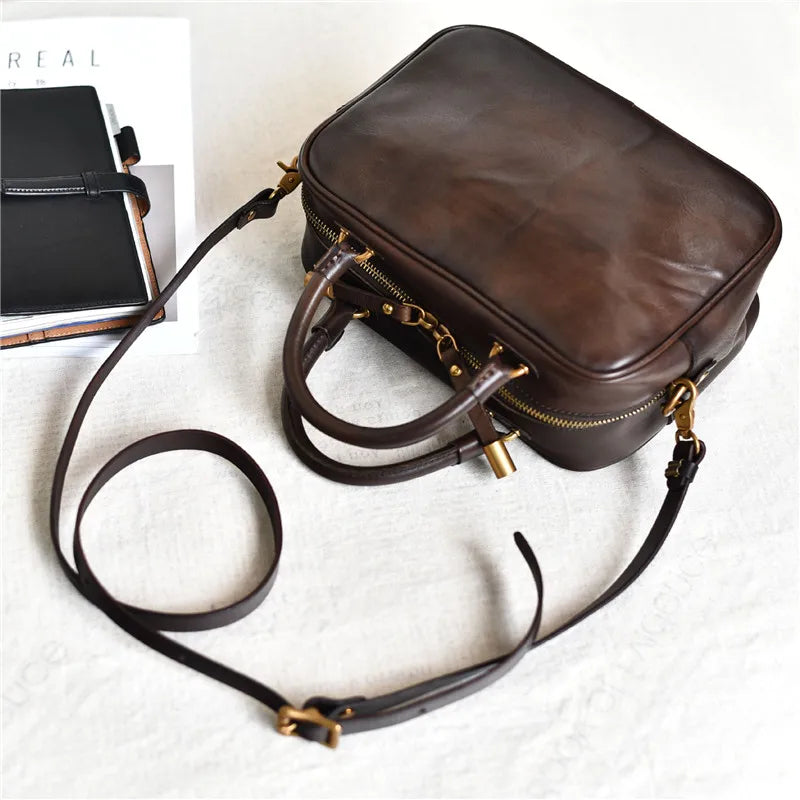 Retro Genuine Leather Small Square Handbag for Women
