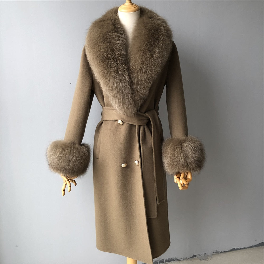 Veste longue en laine et cachemire pour femme, couleur unie, col en fourrure naturelle, hiver