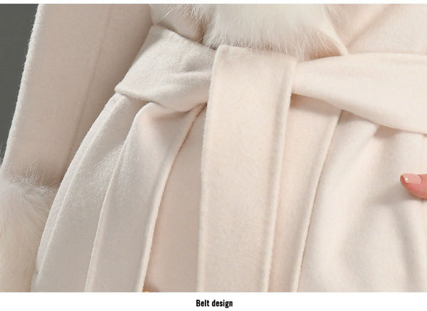 Veste d'hiver longue en cachemire gris anthracite pour femme avec col en vraie fourrure de renard