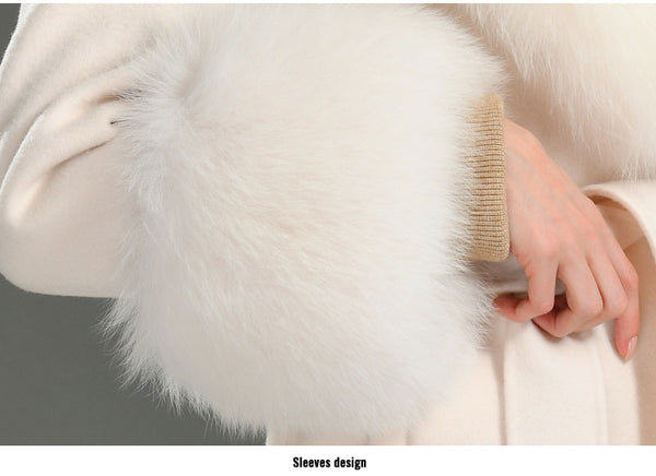 Women's Pink Cashmere Wool Natural Fox Fur Collar Long Winter Jacket