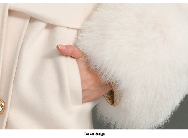 Veste d'hiver longue en laine de cachemire pêche pour femme, col en fourrure de renard naturelle