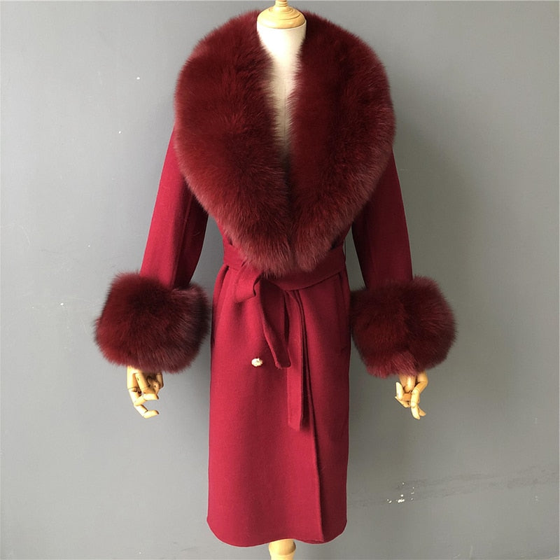 Women's Burgundy Cashmere Wool Blends Fox Fur Collar Long Winter Jacket
