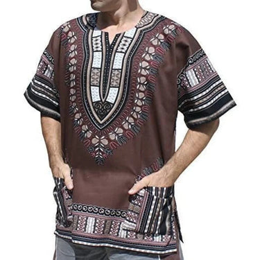 Coffee Men 3D African Ethnic Primitive Tribal Dashiki Printing Pocket Short Sleeve Oversized Shirt Fashion Clothing  -  GeraldBlack.com