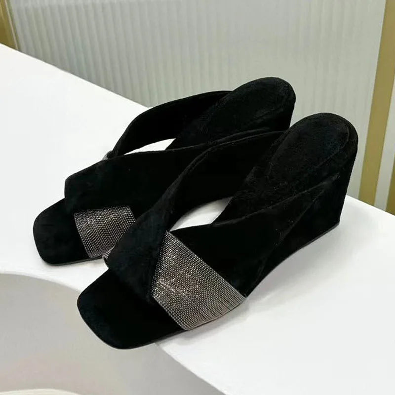 String Wedge Women's Summer Style Suede Cross Strap Wedge Heels Chain String Bead S ...