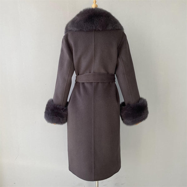 Women's Charcoal Gray Cashmere Real Fox Fur Collar Long Winter Jacket