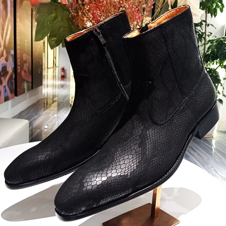 Python Pattern Shoes Men's Luxury Black Handmade Genuine Leather Python Pattern Mid-calf Bo ...