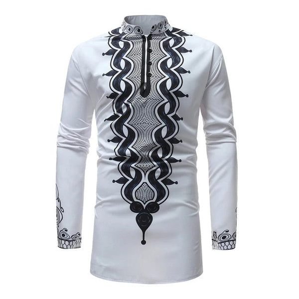 African Tribal Longline Slim Long Sleeve Mandarin Collar Dress Shirt Men Clothing  -  GeraldBlack.com