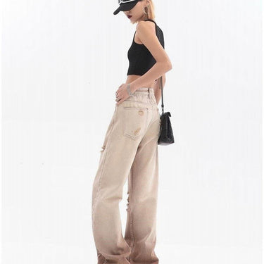 American Vintage Distressed Women Summer High Street Design Sense Thin Straight Tube Mop Jeans Pants  -  GeraldBlack.com