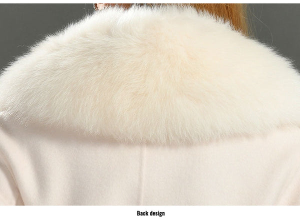 Army Green Women Natural Fox Fur Collar Cashmere Wool Blends Long Winter Outerwear Streetwear  -  GeraldBlack.com