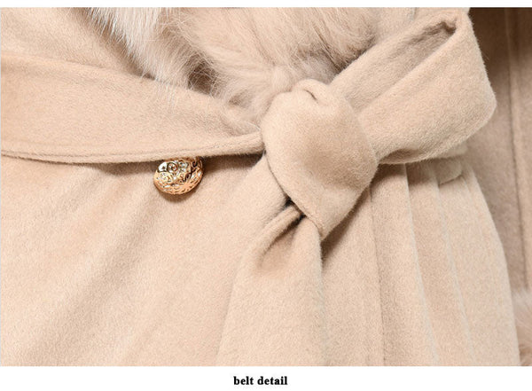 Army Green Women Natural Fox Fur Collar Cashmere Wool Blends Long Winter Outerwear Streetwear  -  GeraldBlack.com