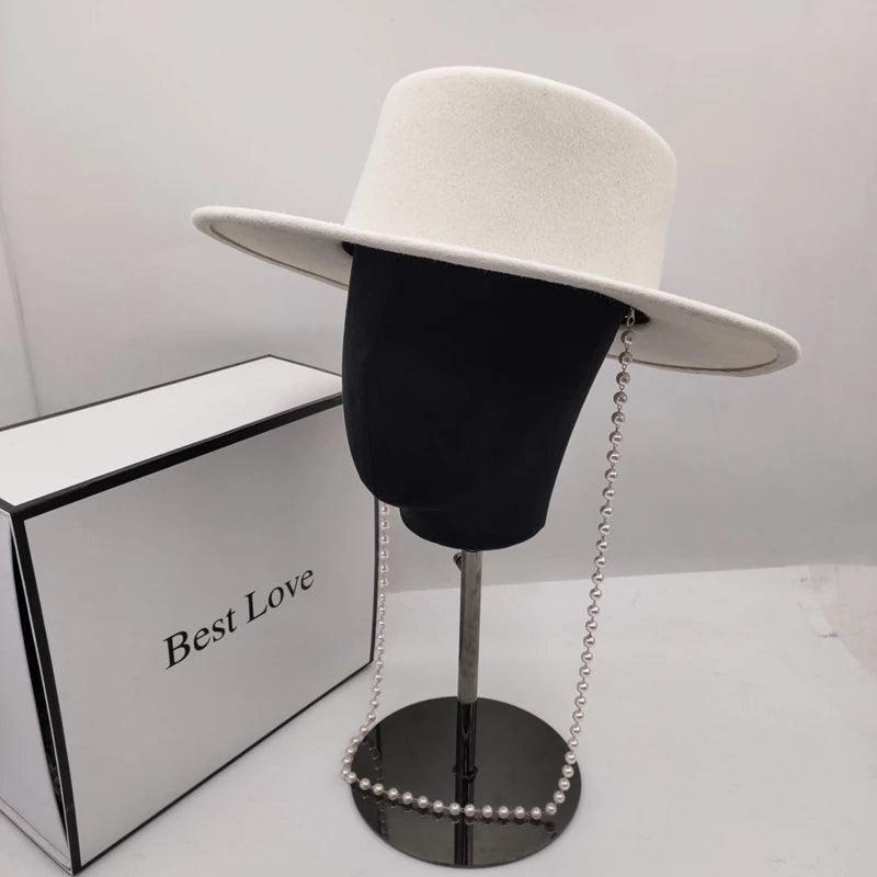 Artificial Wool Blend White Wide Brim Solid Jazz Fedoras Hat with Chain for Women  -  GeraldBlack.com