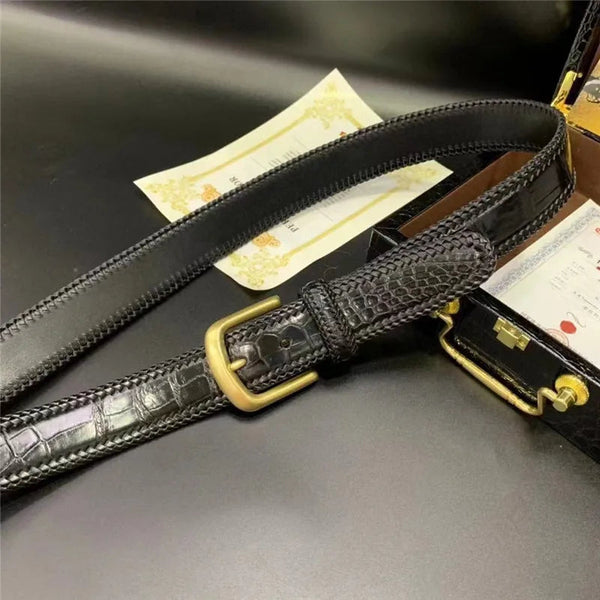 Authentic Crocodile Skin Alligator Leather Men's Knitted Stainless Steel Needle Pin Buckle Woven Belts Waist Strap  -  GeraldBlack.com
