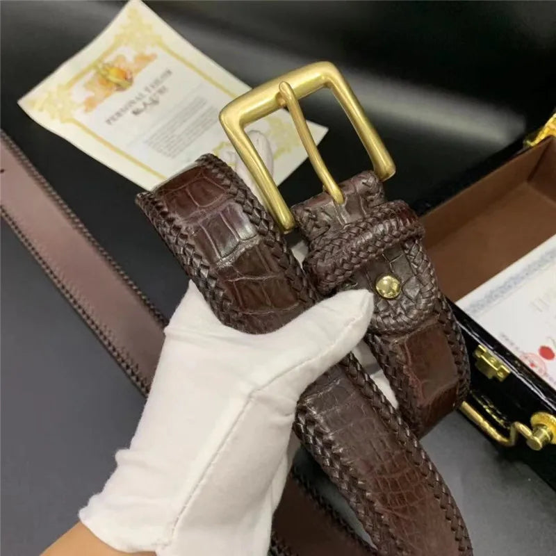 Authentic Crocodile Skin Alligator Leather Men's Knitted Stainless Steel Needle Pin Buckle Woven Belts Waist Strap  -  GeraldBlack.com