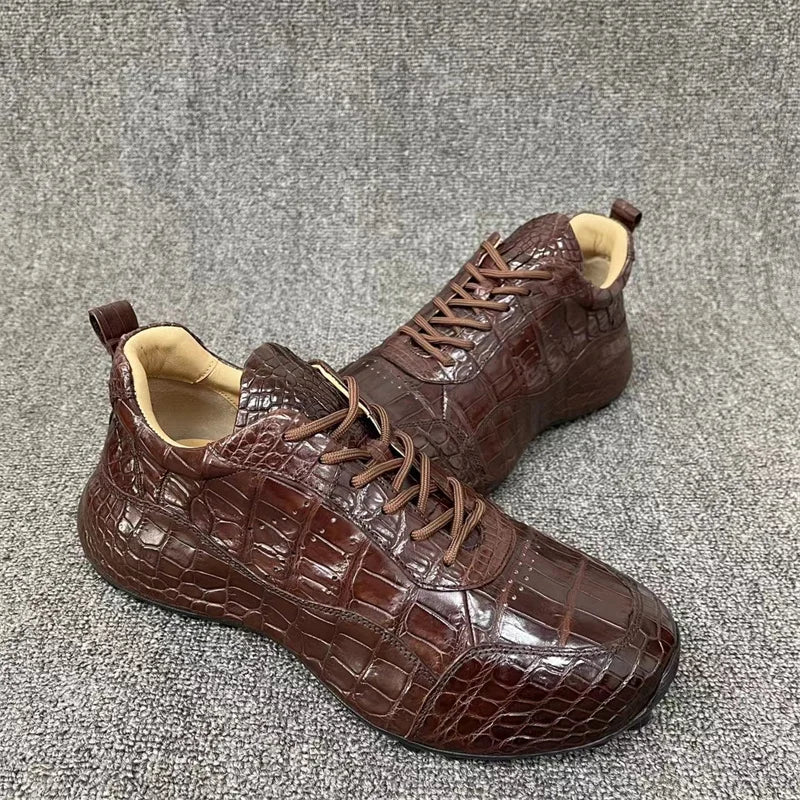 Authentic Crocodile Skin Clear Black Brown Soft Outsole Men Casual Genuine Alligator Leather Lace-up Outdoor Shoes  -  GeraldBlack.com