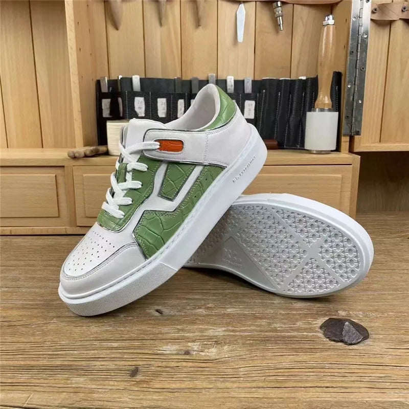 Authentic Crocodile Skin Genuine Alligator Leather Lace-up White Green Colorful Unisex Board Shoes Walking Flats  -  GeraldBlack.com