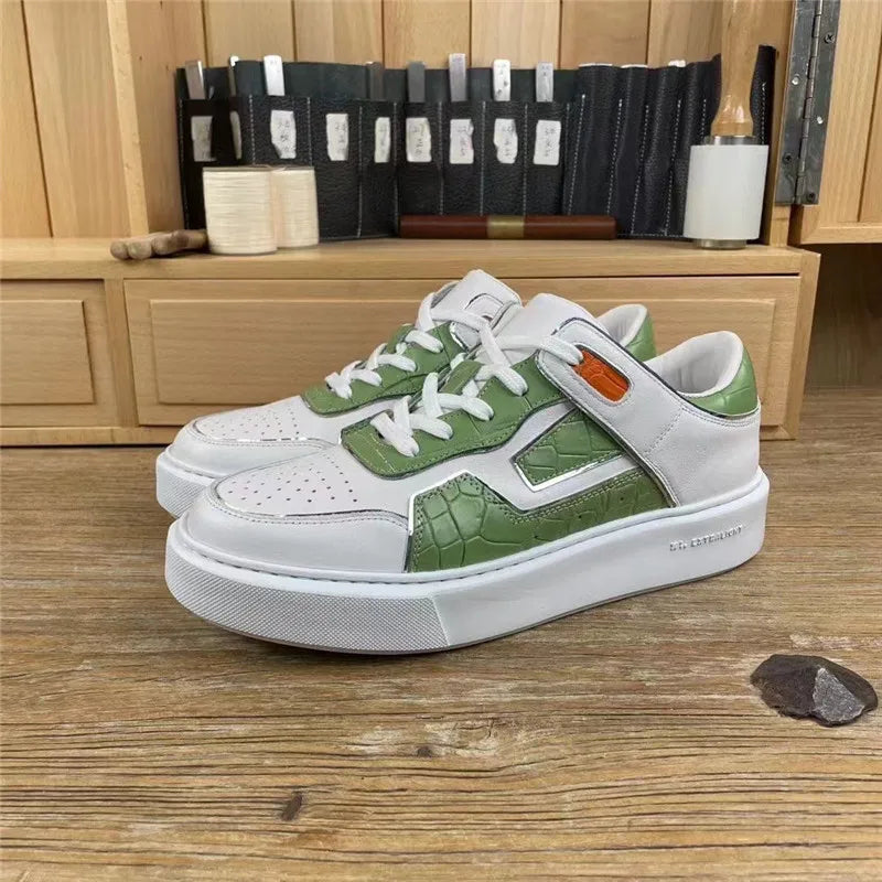 Authentic Crocodile Skin Genuine Alligator Leather Lace-up White Green Colorful Unisex Board Shoes Walking Flats  -  GeraldBlack.com