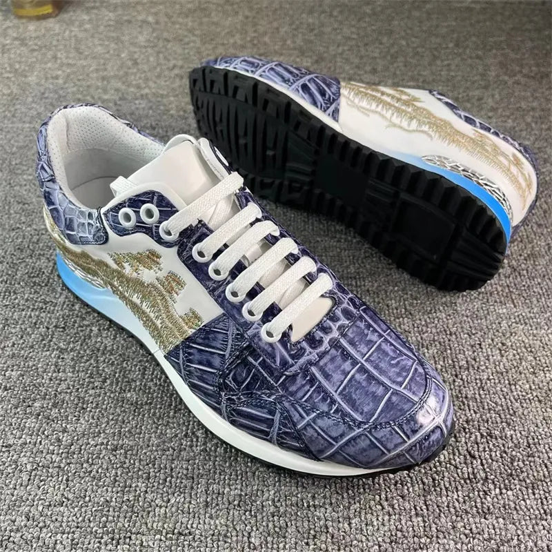 Authentic Crocodile Skin Hand Painted Blue Color Men's Sneakers Alligator Leather Embroidery Designer Lace-up Shoes  -  GeraldBlack.com
