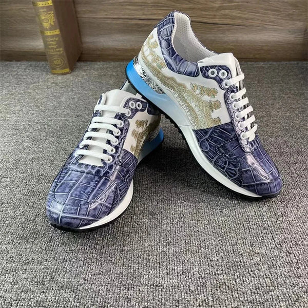 Authentic Crocodile Skin Hand Painted Blue Color Men's Sneakers Alligator Leather Embroidery Designer Lace-up Shoes  -  GeraldBlack.com