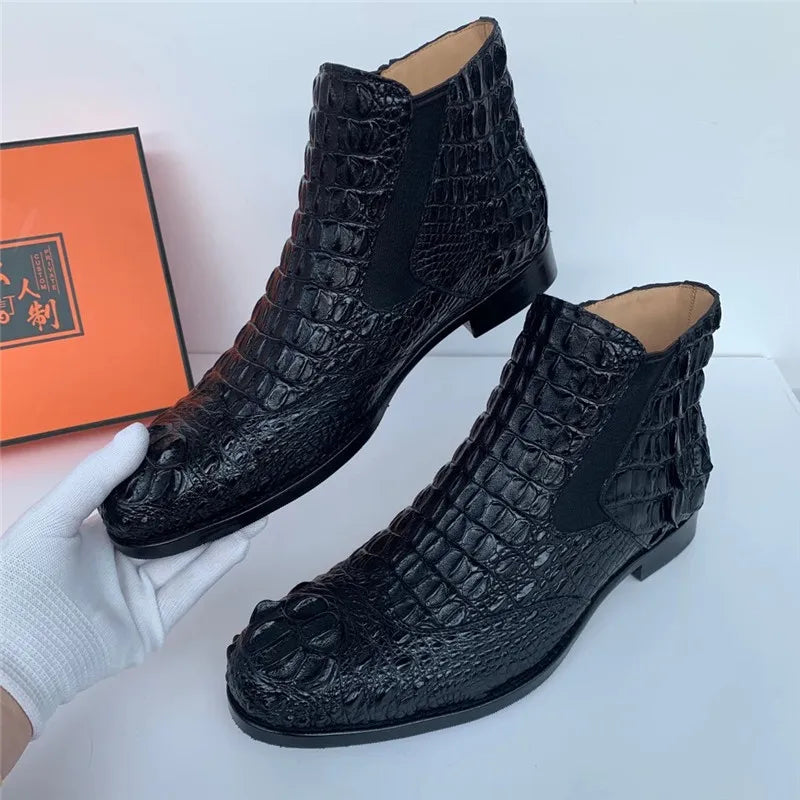 Authentic Exotic Genuine Alligator Crocodile Scales Skin Leather Winter Chelsea Male Black Ankle Shoes  -  GeraldBlack.com