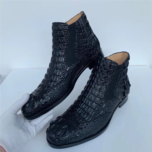 Authentic Exotic Genuine Alligator Crocodile Scales Skin Leather Winter Chelsea Male Black Ankle Shoes  -  GeraldBlack.com
