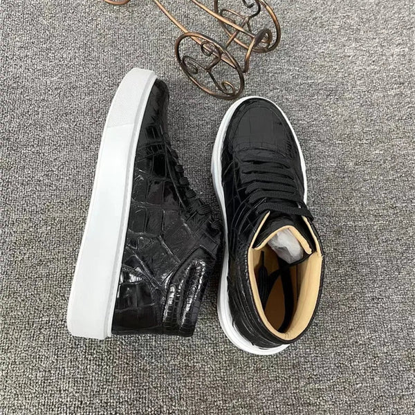 Authentic Exotic Genuine Alligator Leather Crocodile Skin Men Casual Winter Ankle High-top Lace-up Board Shoes  -  GeraldBlack.com