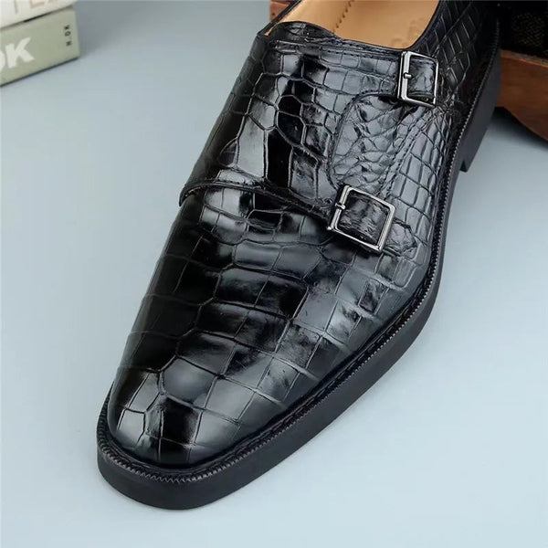 Authentic Genuine Alligator Crocodile Belly Skin Leather Solid Black Lace-up Square Toe Businessmen Dress Shoes  -  GeraldBlack.com