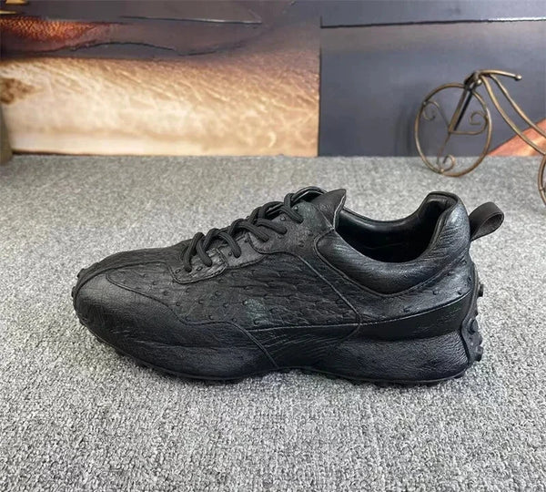 Authentic Genuine Exotic Ostrich Skin Leather Clear Black Color Lace-up Male Casual Outdoor Flats Shoes  -  GeraldBlack.com
