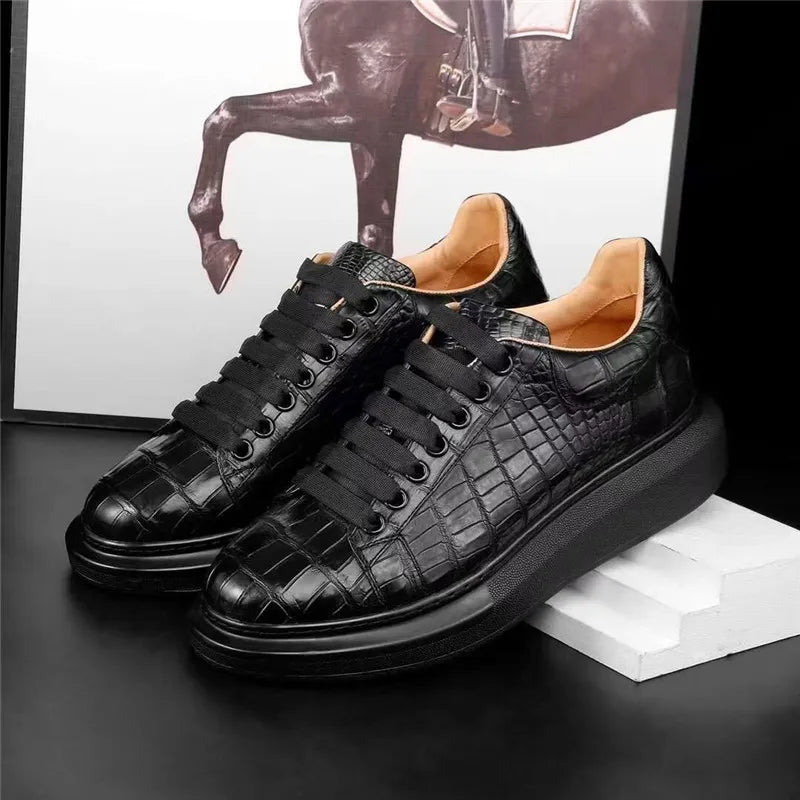 Authentic Male Casual Board Crocodile Skin Soft Thick Sole Genuine Alligator Leather Lace-up Walking Shoes  -  GeraldBlack.com