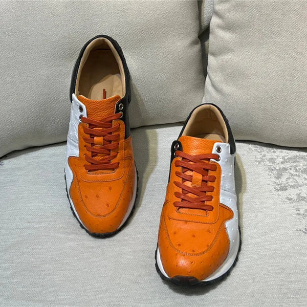Authentic Ostrich Genuine Exotic Leather Skin Mixed Orange Unisex Lace-up Sneakers  -  GeraldBlack.com