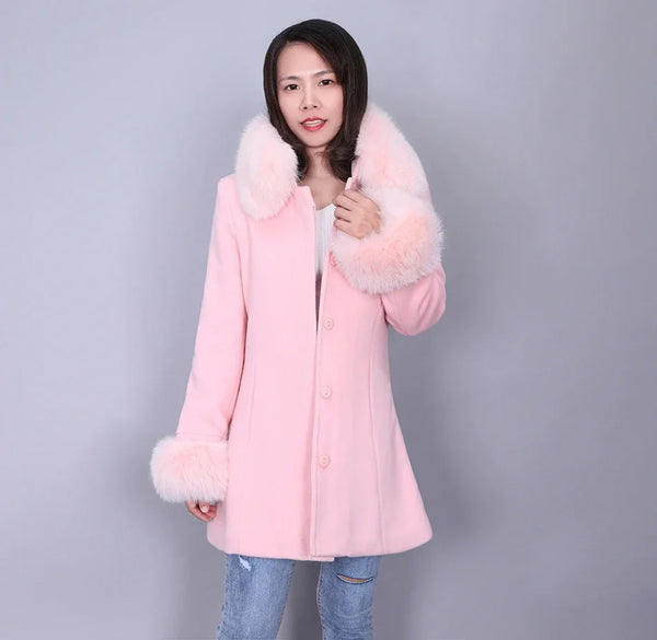 Autumn and Winter Ladies Wool Natural Real Fox Fur Collar Winter Outdoor Jacket  -  GeraldBlack.com