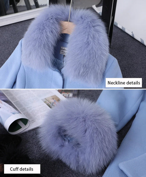 Autumn and Winter Ladies Wool Natural Real Fox Fur Collar Winter Outdoor Jacket  -  GeraldBlack.com
