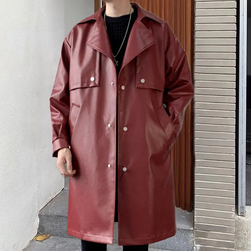 Autumn Men's Mid-length Korean Slim-fit Synthetic Leather Retro Fur Trench Coat  Jacket  -  GeraldBlack.com