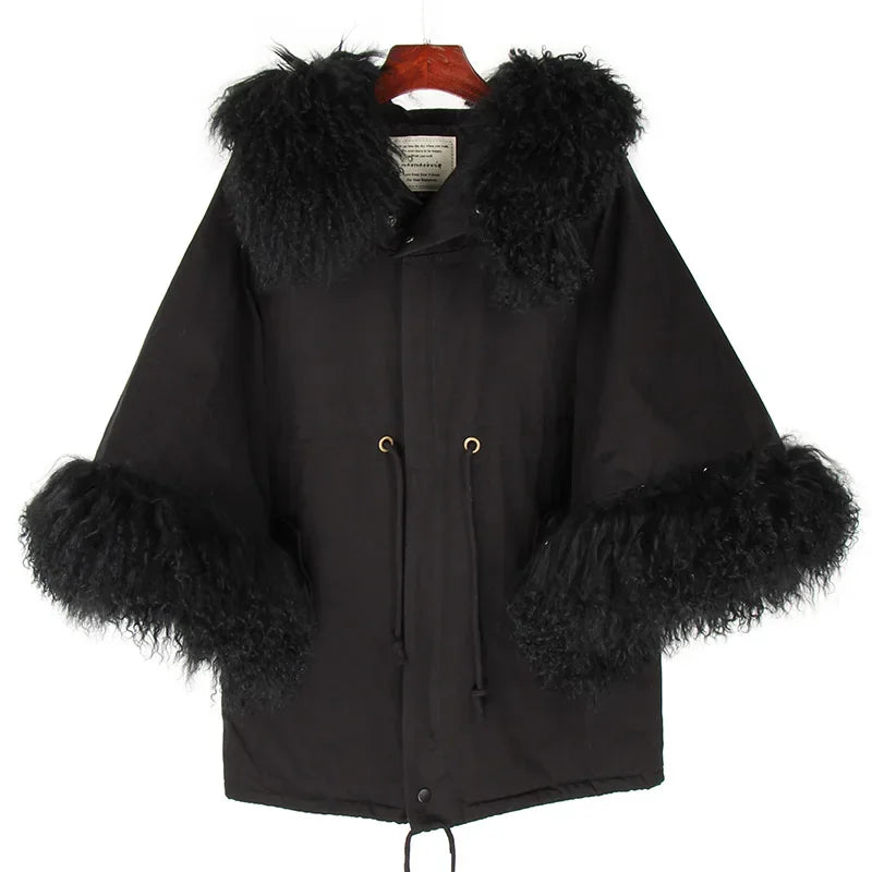 Autumn Natural Real Raccoon Fur Collar Parkas Casual Coat Flared Sleeve Cloak Cotton Jacket for Women  -  GeraldBlack.com